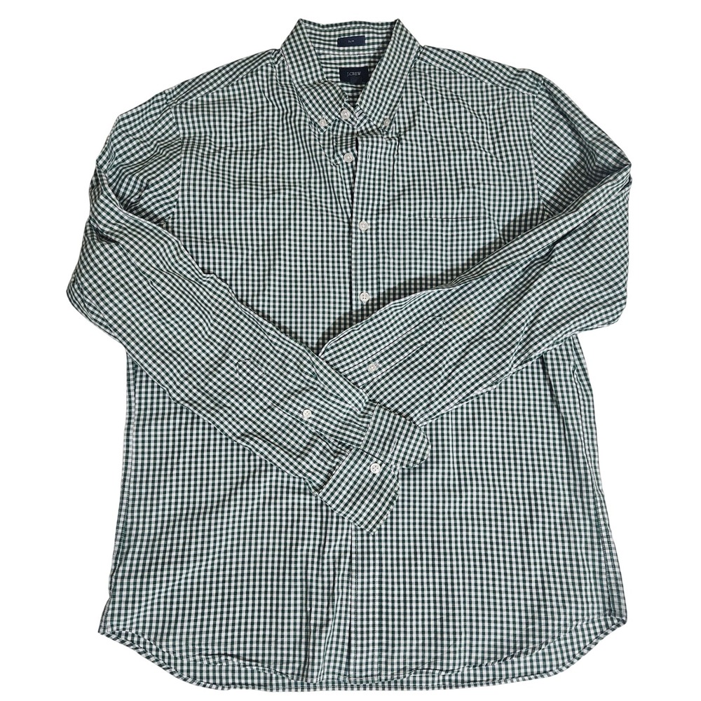 J.Crew Mens Slim Fit Gingham Button Down Shirt Green White Large L Long Sleeve